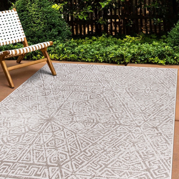 World Rug Gallery Contemporary Geometric Weather Resistant Indoor/Outdoor Area Rug 5' x 7' Beige 4028BEIGE5X7 - main